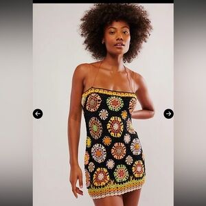 Free People Sand Bar Crochet Mini Dress Bodysuit Black Boho Festival Medium